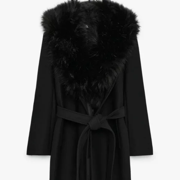 ZARA REMOVABLE FAUX FUR COLLAR PREMIUM WOOL BLEND COAT BLACK XS, NWT